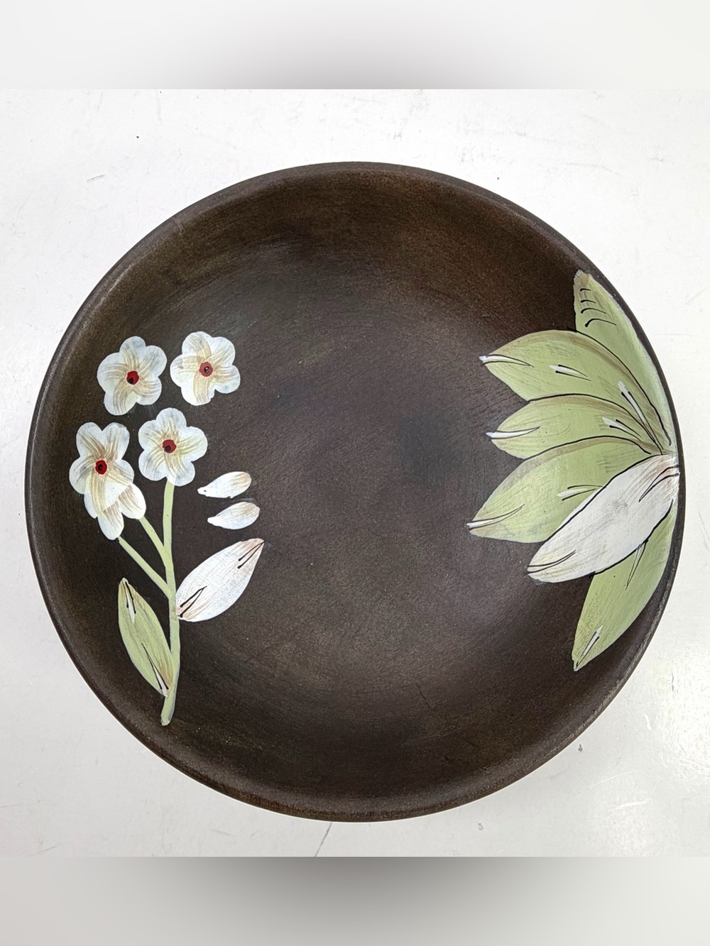 Hand Painted Frangipani Wood Bowl Plumeria Floral Wood India 8”